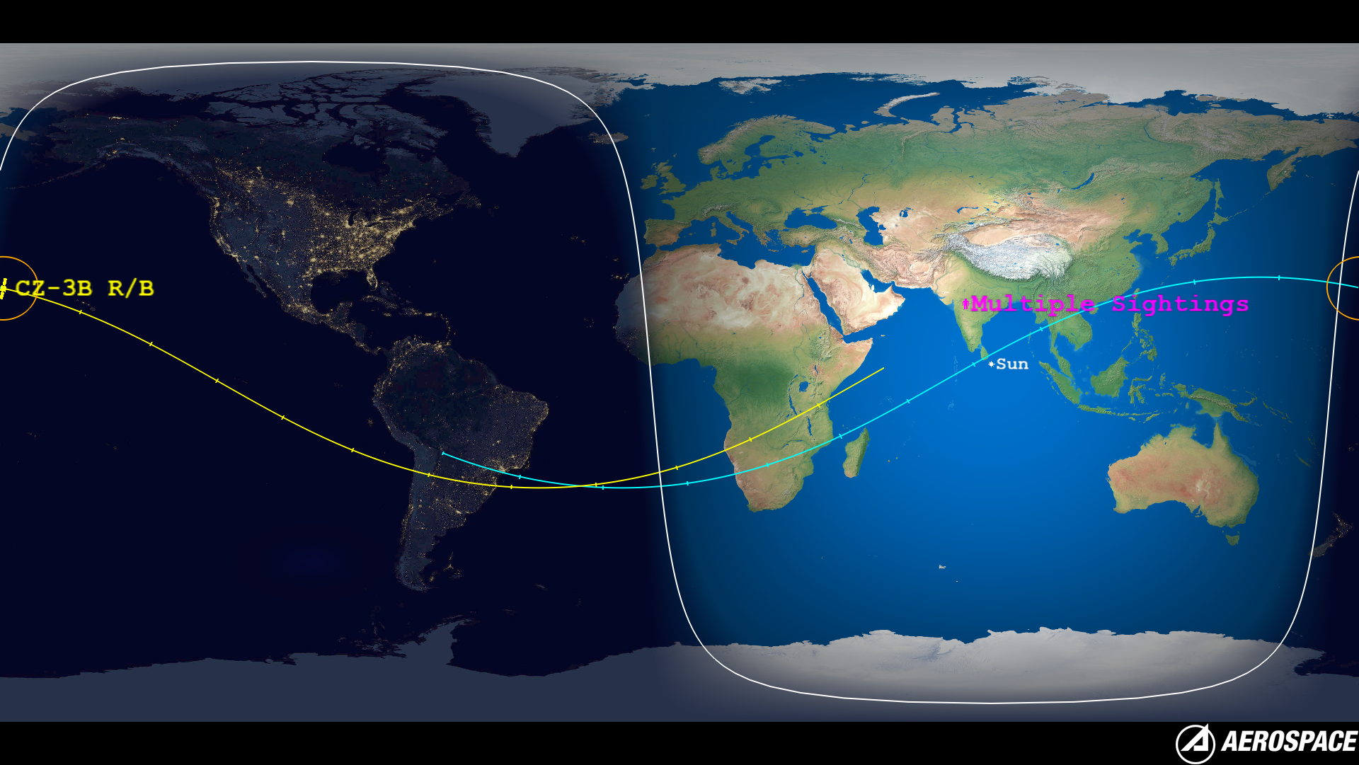 Location of multiple reentry sightings of CZ-3B R/B (ID 47614)